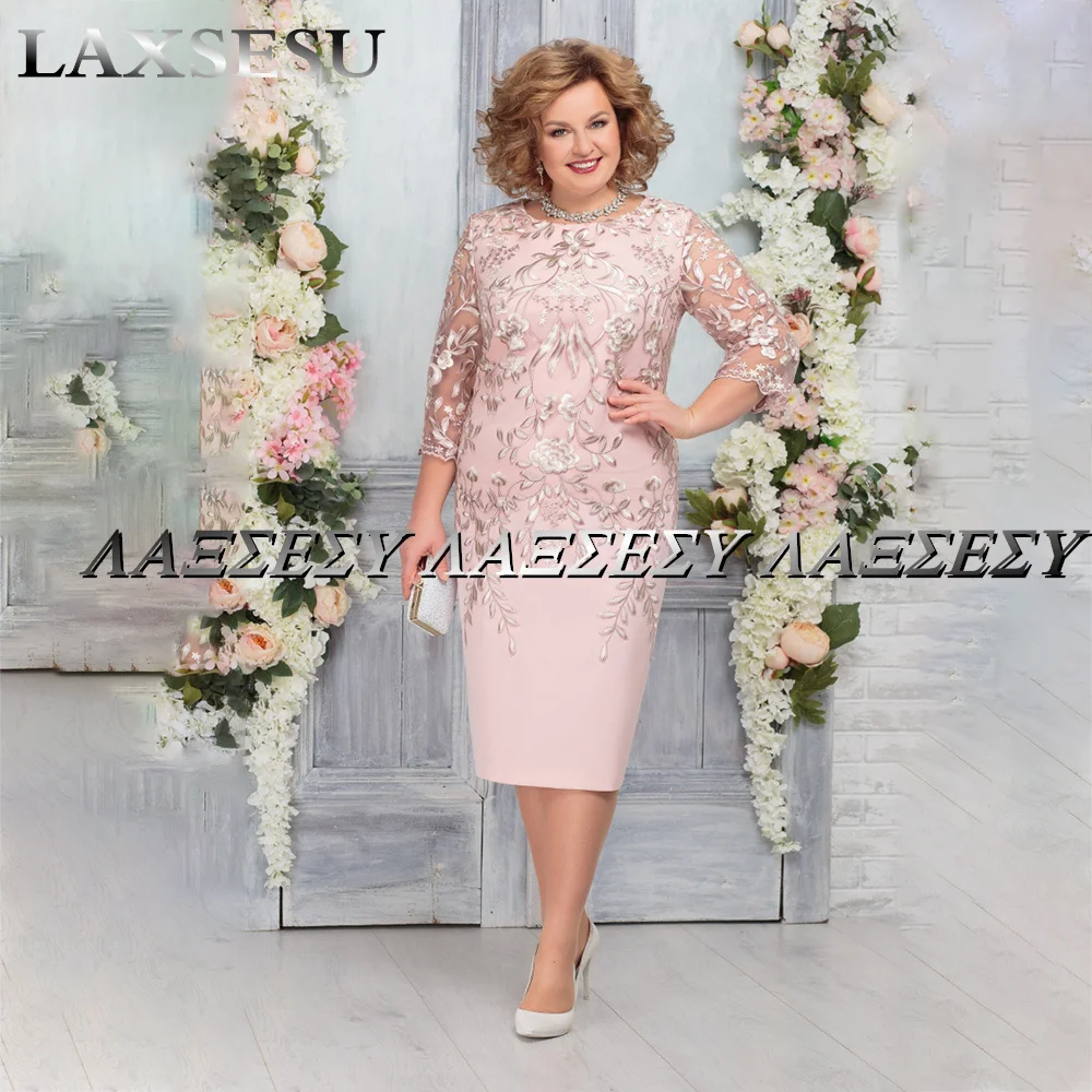 Mother Bride Dresses Furtanseo Pink Tea Length Appliques 4/3 Sleeves Sheer Neck Satin Plus Size
