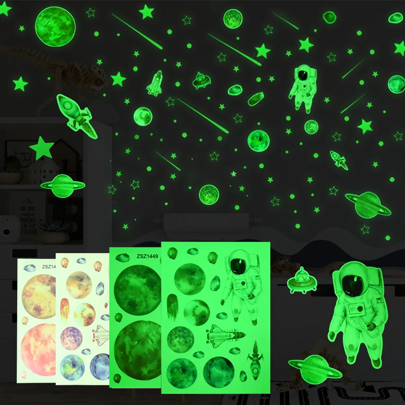 

4pcs/bag Glow In The Dark Wall Stickers Planet Spacecraft Astronaut Wall Decal Kids Rooms Bedroom Ceiling Party Home Decoration
