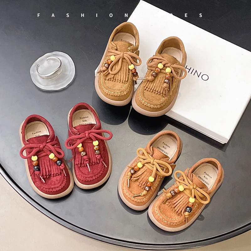 Kids Suede Leather Shoes for Boys Girls 2025 New Autumn Toddler Casual Loafers with Cute Tassels Non-slip Retro Kid School Shoes
