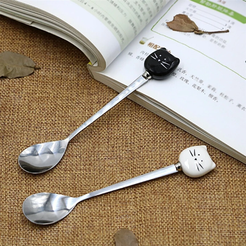 1Pcs /Pack Flatware Kitchen Tool Ice Cream Cartoon Spoon Stainless Steel Long Coffee Cat Handle Ceramic Fruit Fork stainless steel spoon stainless steel fork