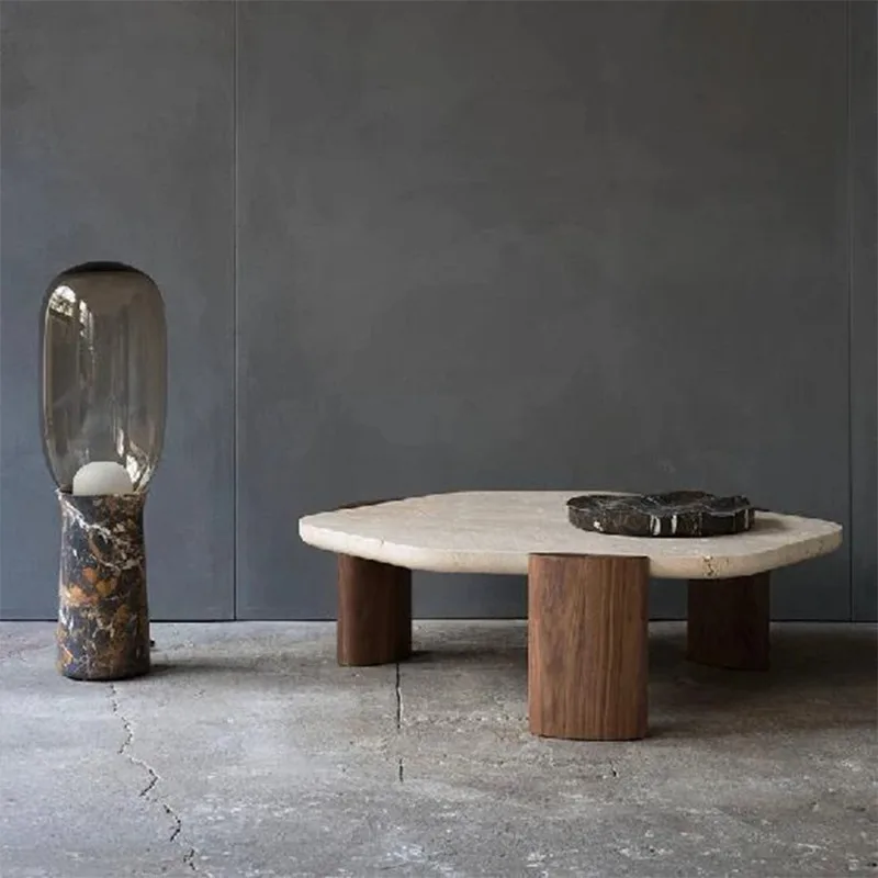 

Nordic solid wood coffee table retro wabi-sabi style marble tea living room home black walnut slate low