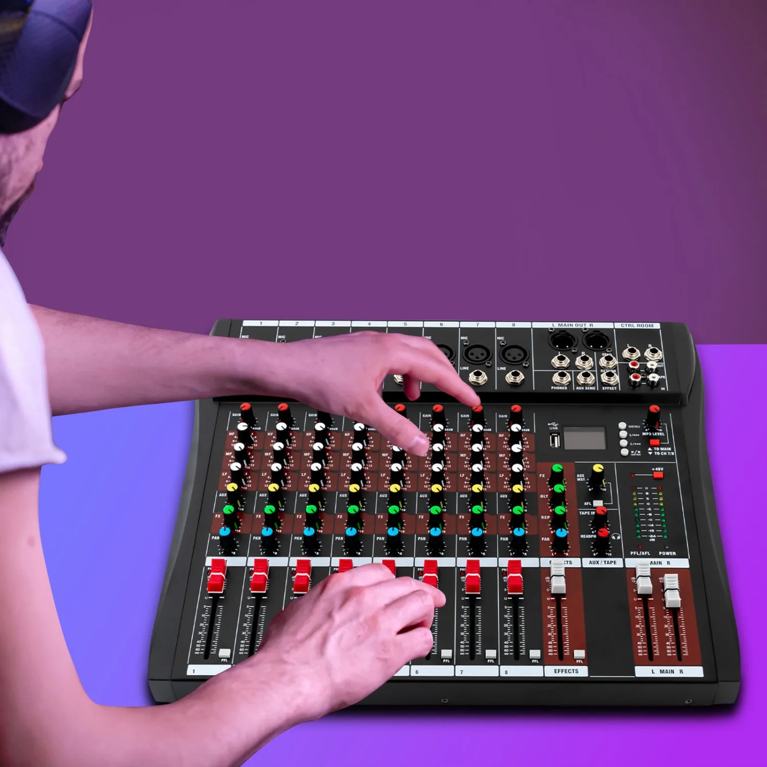 8 Channel Audio Mixer, Bluetooth USB Live Studio GDAE10 DJ Professional Mixing Console Power Amplifier Sound Board Desk System 1