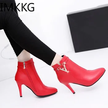 Botas Mujer Invierno 2021 가을 스틸레토 얇은 하이힐 여성 뾰족한 발가락 Pu 가죽 지퍼 섹시한 발목 여성 짧은 부츠