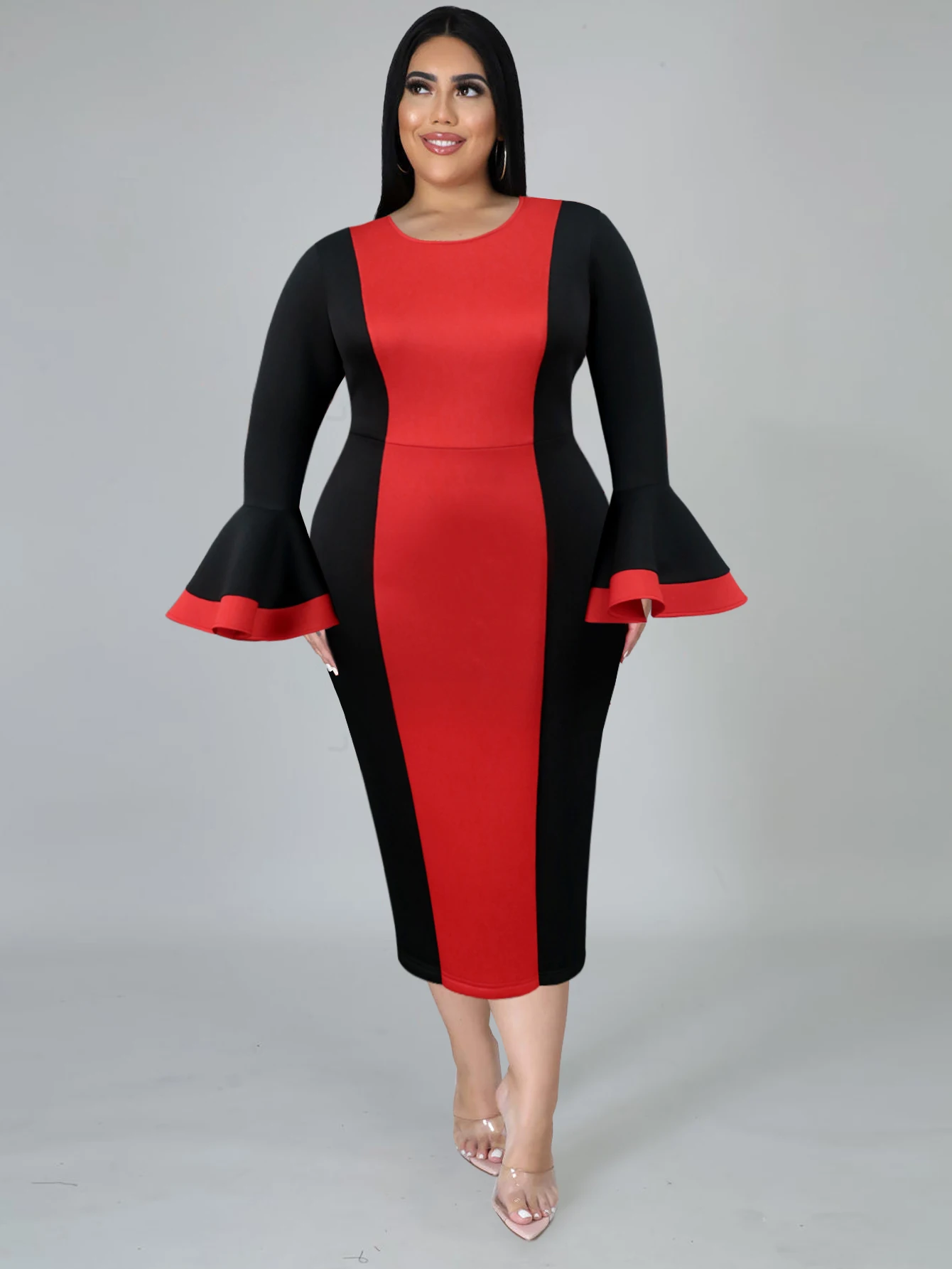 Long Flare Sleeve Party Dresses Plus Size O Neck Red Black Patchwork Bodycon Curvy Women Evening Cocktail Party Outfits 2023