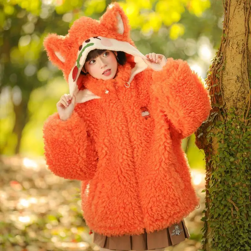 

New cardigan cute little fox imitation lambs flocking senior joker loose sense hooded fleece jacket sudaderas y2k zip up hoodie