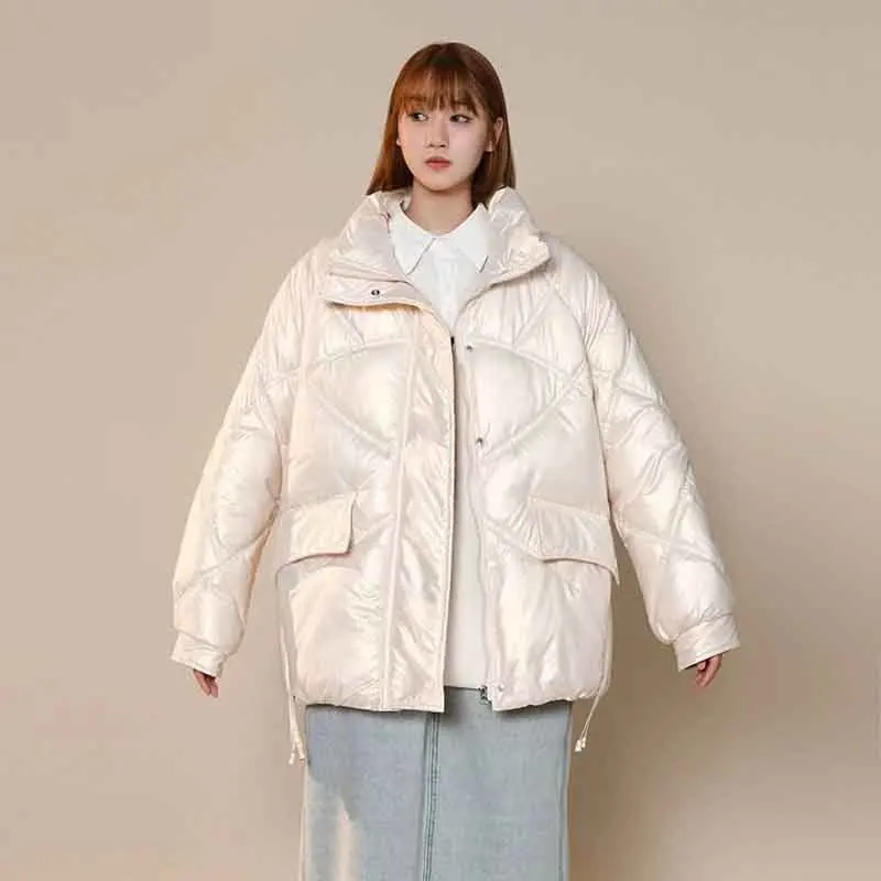 

Winter Warm Parkas Women Fashion Glossy Loose Pocket Down Jacket Harajuku Korean Solid Preppy Casual Cotton Fluffy Puffer New