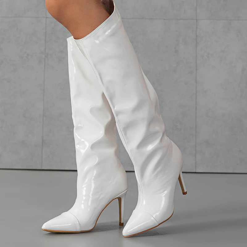 Winter Pointed Patent Leather Pleated Knee High Women's Boots High Heels Slip On Fashion Gladiator Shoes V Mouth Long Tube Boots