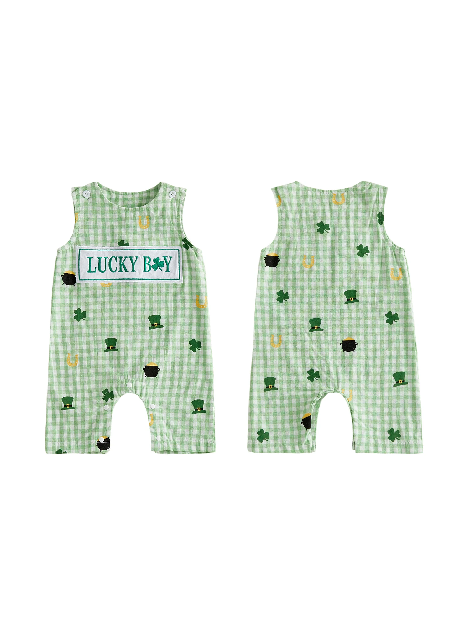 Shamrock Print Baby Boys Rompers with Clover Hat Plaid Buttons and Sleeveless Design - Stylish Infant Bodysuits Overalls from