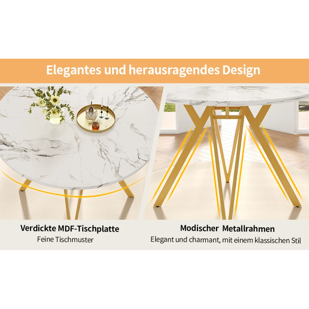 Runder Esstisch (100 x 100 x 76 cm), runder Couchtisch für 4 Personen, stilvolle Tischbeine aus Metall, Arbeitsplatte aus MDF-Marmor, für die Küche – Detail 20
