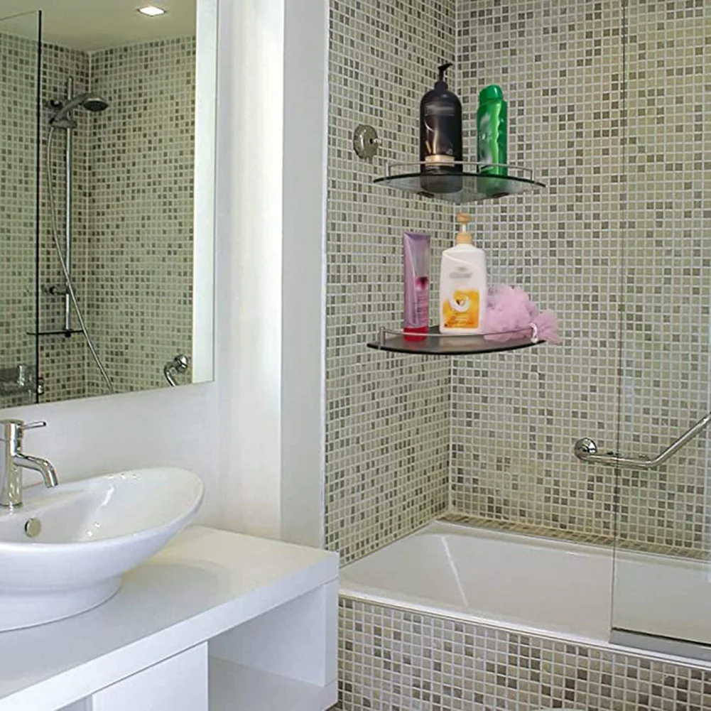 Bathroom Shelves, 2-Tier Bathroom Glass Corner Shelf Wall Mounted ,Tempered Glass Shelf for Storing Shower Gel/Soap-C 2