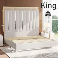 King Bed Frame with 58" Tall Headboard, Velvet Upholstered with Silver Plating Trim,  Sturdy, No Box Spring Needed, Bed Frame 2