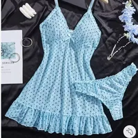 Ensemble de lingerie sexy pour femmes, robe de nuit en maille extensible à pois rose à col en V profond, bretelles spaghetti, culotte, ensemble de vêtements de nuit en deux pièces 3