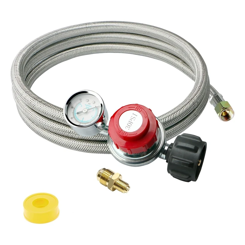

5FT 0-30 PSI Adjustable High Pressure Propane Regulator With Gauge Gas Flow Indicator With 3/8 Flare X 1/8 MNPT Fits Easy To Use