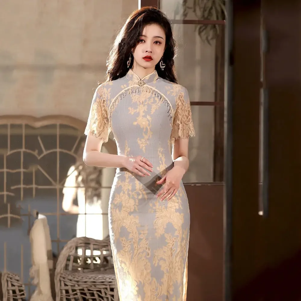 

2024 new pure desire wind cheongsam Republican style Missy long lace young models new Chinese cheongsam cool style