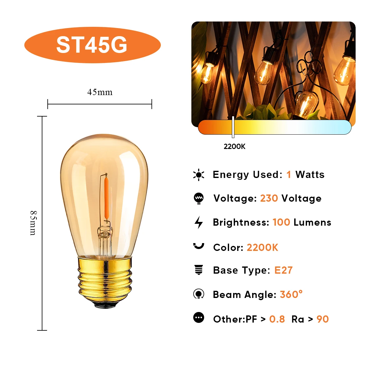 빈티지 ST45 Led 필라멘트 전구 1W 10W 백열 램프 E27 기본 호박색 유리 2200K 따뜻한 노란색 교체 에디슨 전구와 동일