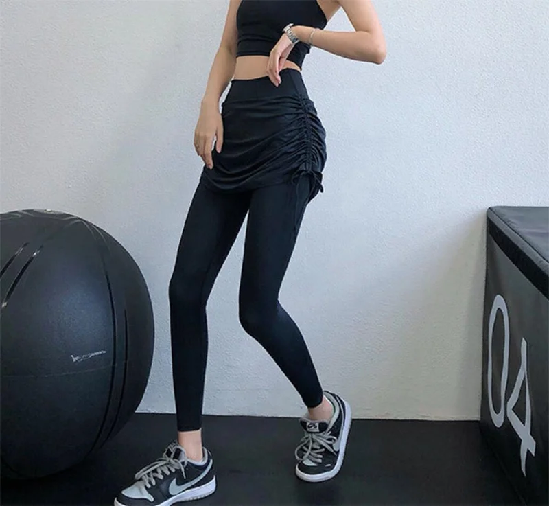 Aiithuug Drawstring Skirted Leggings Drawstring Running Legging High Waist  Women Jogging Pants Yoga Skirt with Legging Yoga Pant