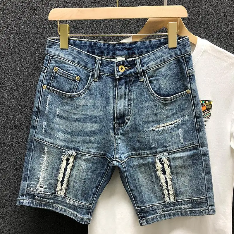 Summer Casual Denim Knee Length Jeans Shorts for Men with Ripped Holes Boyfriend Classic Streetwear Luxury Jeans Shorts for Men