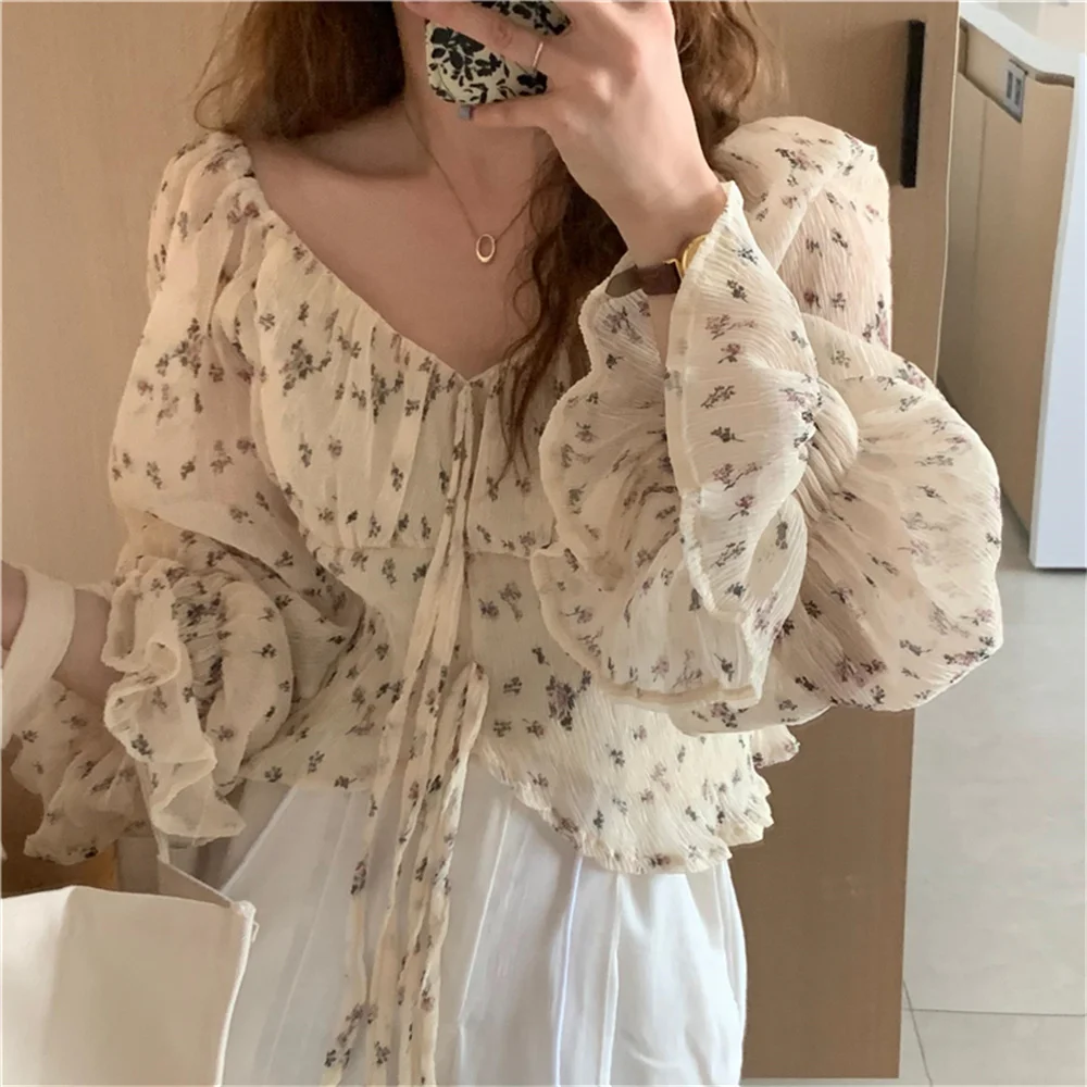 Florals Chiffon Sunscreen Blouses Printing Ruffles Chic Elegant Loose Sweet 2021 Casual Autumn New Girls Women Tops for samsung galaxy tab a8 10 5 2021 a8 10 5 2022 x205 x200 pattern printing tablet cover pu leather tpu stand card holder case mandala flower