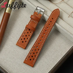 Breathable Sport Cowhide Leather Watch Strap - Handmade Retro Replacement Wristband - 22mm (Light Brown)