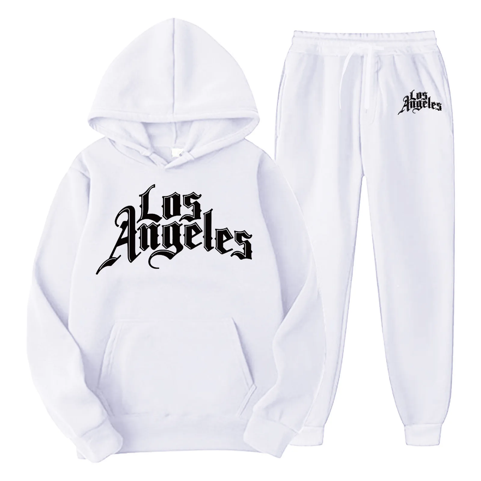Men Hip Hop Hoodie Set Los Angeles Printed Hooded Pocket Sweatshirt Drawstring Elastic Waist Sweatpant Oversize Sports Tracksuit