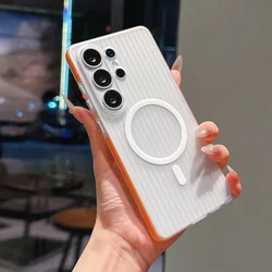 3D Stripes Transparent Magnetic Phone Case - Ultra Slim Shockproof Cover with Wireless Charging Compatibility - Galaxy S26 Plus (Orange)