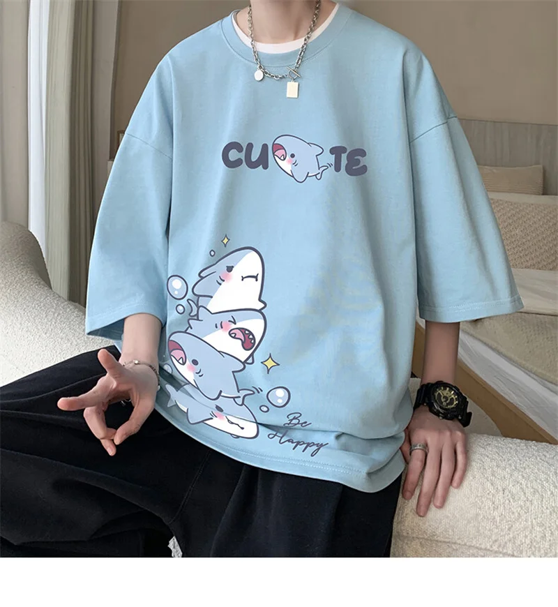 Men's Cotton T-shirts White Men Oversized T Shirt Anime Shark Print Summer Casual Wear 5XL Tee Shirts Big Size Male Clothes