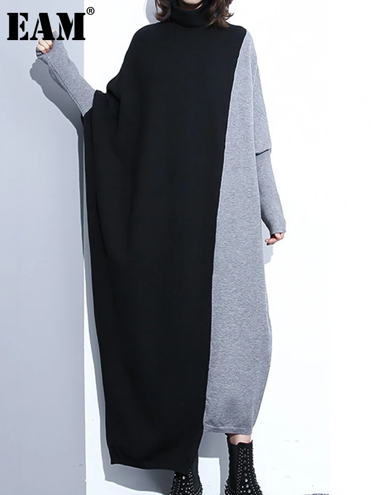 

[EAM] Women Gray Color-block Knitting Big Size Long Dress New Turtleneck Long Sleeve Fashion Tide Autumn Winter 2024 1DH1038