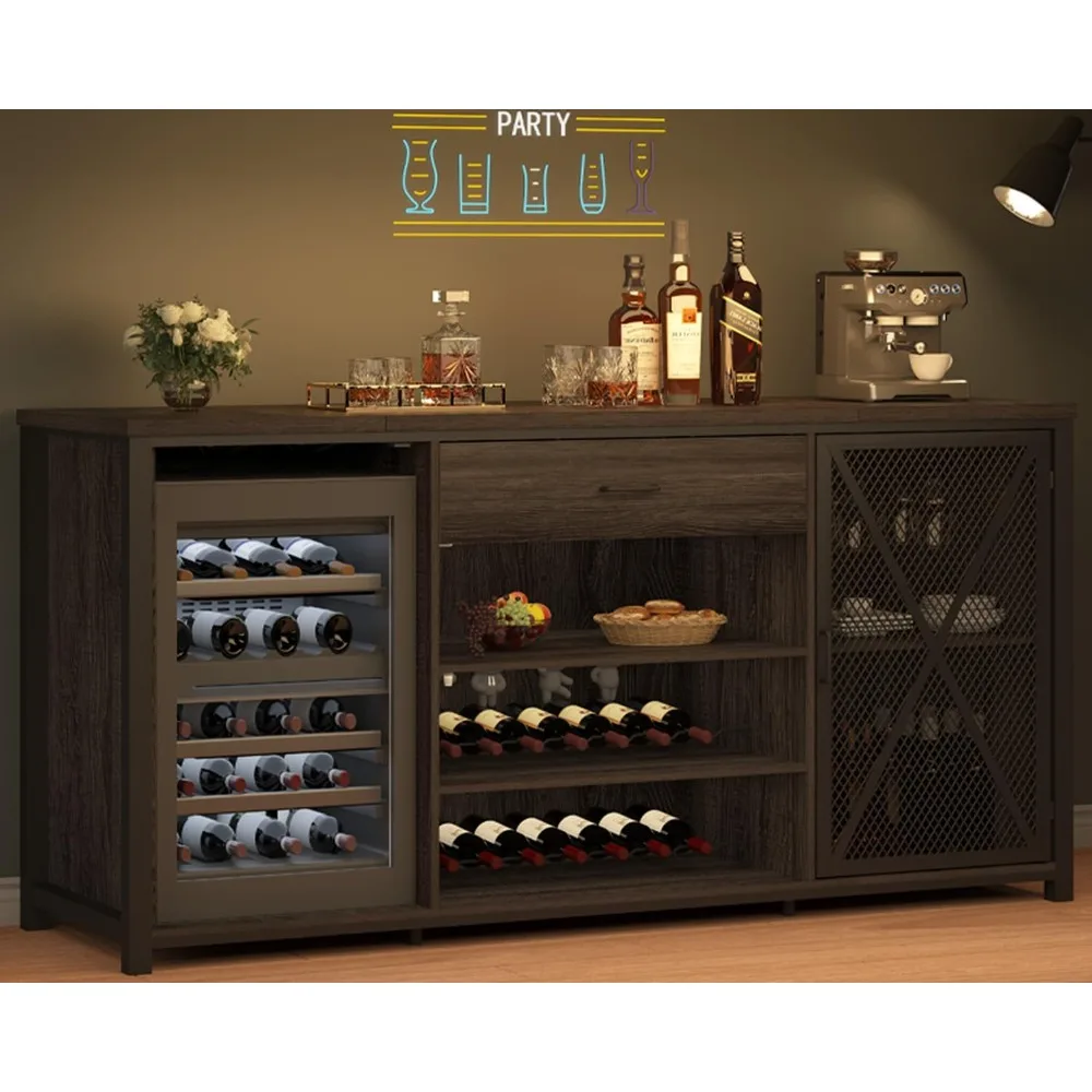 Long Bar Cabinet with Fridge Space, Farmhouse Big Liquor Cabinet with Drawer Storage, Rustic Wood Metal Large Wine