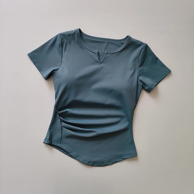 thumbnail image 1 of Traje de Yoga con cuello en V y almohadilla para el pecho para mujer, traje de manga corta para gimnasio, Top de entrenamiento ajustado para Fitness, camiseta para correr de secado rápido, ropa, 1 of 6