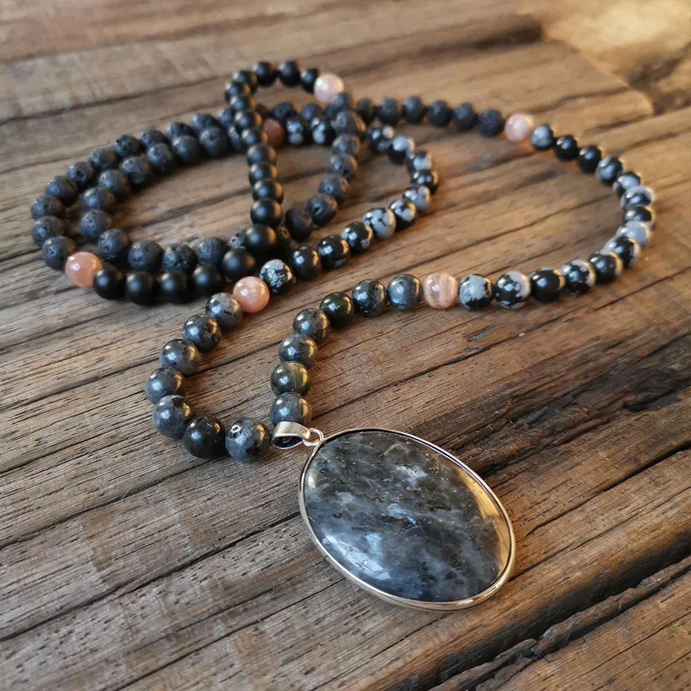 8mm Blacke Labradorite Pendant,Lava Stone Beads,Snowflake Obsidian Prayer Bracelet,Calm Necklace Jewelry,Meditation Beads