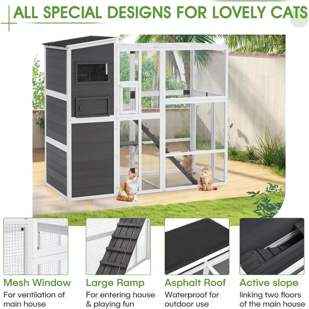 Catio Outdoor Cat Enclosure with Weatherproof Roof, Large Outdoor Cat House, Design for Cats on Your Patio