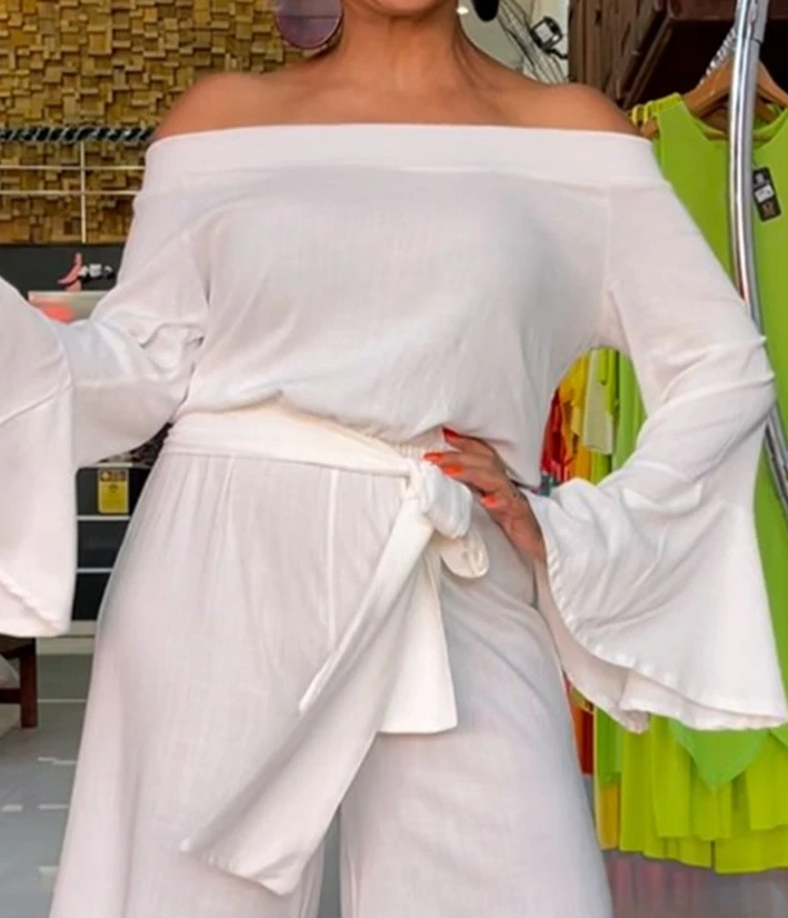 Elegant Women Jumpsuit 2024 Sexy Slash Neck Solid Color Off Shoulder Bell Sleeve Lace Up Wide Leg Jumpsuit Loose Overall