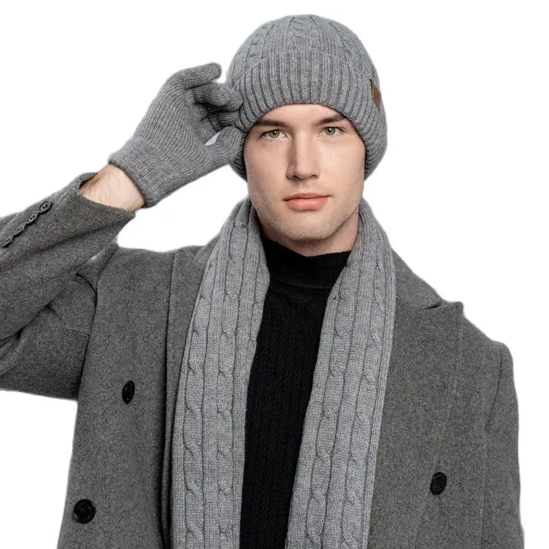 3PCS Winter New Knitted Hat Scarf and Gloves Three-piece Set Winter Women's Cold-proof and Warm Scarf Three-piece Set for Men