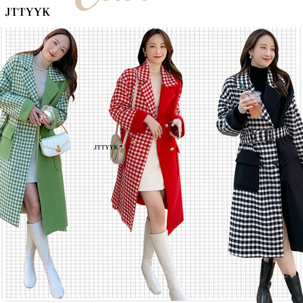 

Autumn Winter Wool Coat Women Fashion Splice Plaid Woolen Overcoat Female Elegant Vintage Belted Long Double Breasted Jacket