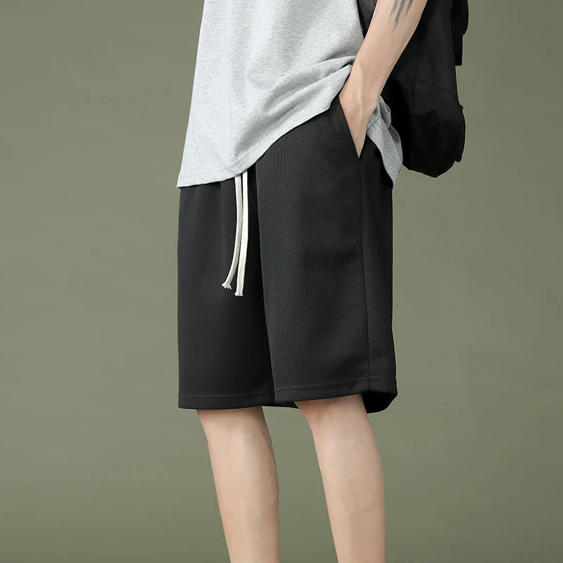 2024 Men's Korean Fashion Solid Color Sports Summer Boys Versatile Drawstring Simple Elastic Waist Pocket Loose Casual Shorts