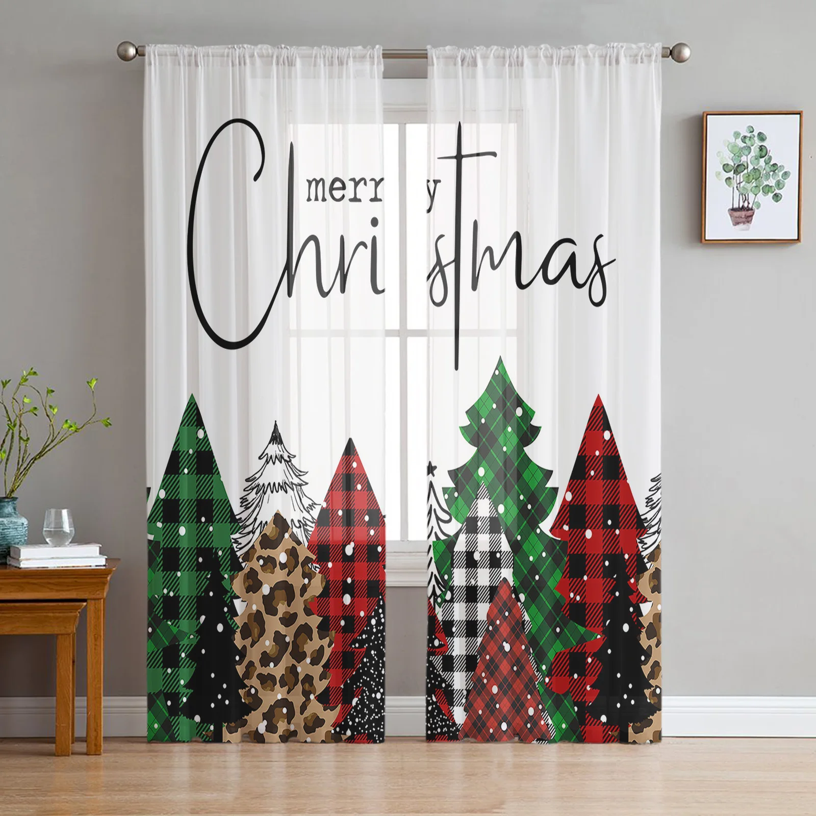 

Christmas Tree Snowflakes Sheer Curtains for Living Room Bedroom Tulle Curtain for Kitchen Voile Curtain Blind Panels