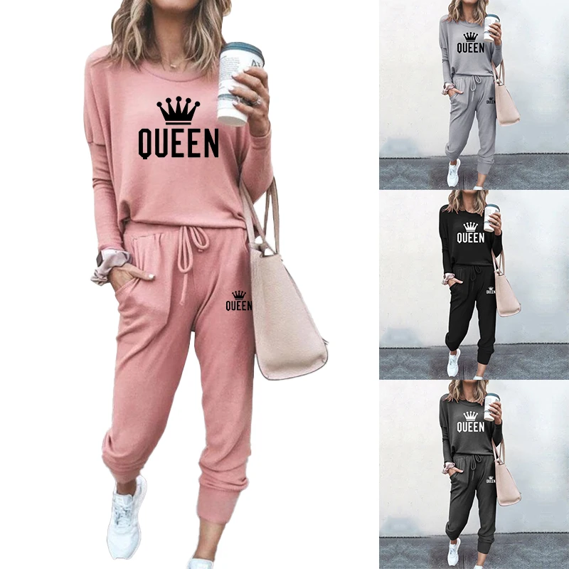 Women's fashion printed two-piece jogging set casual pullover head round neck long sleeved pants sportswear jogging set