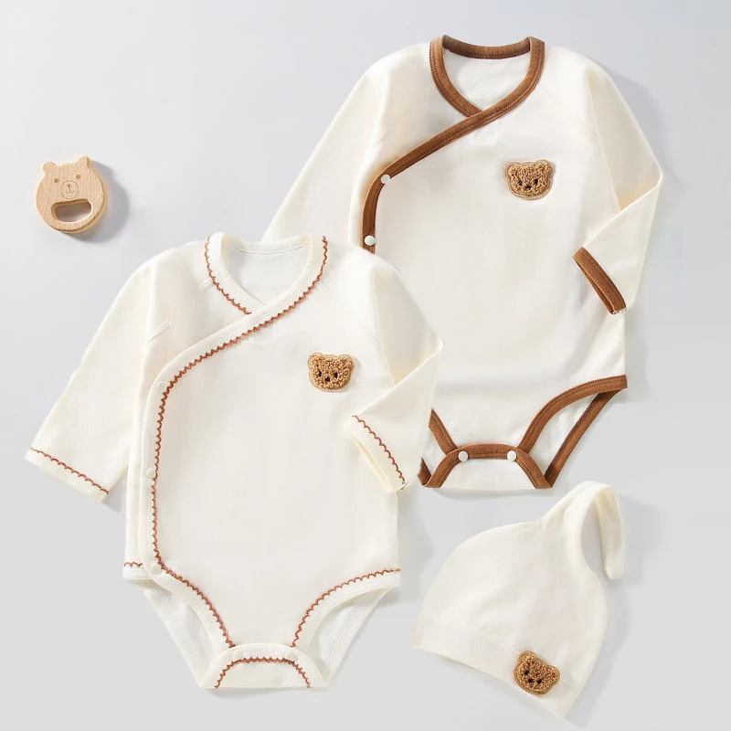2Pcs 부드러운 코 튼  Romper + 모자 세트 귀여운 곰  긴 소매 Jumpsuit  소년 소녀 삼각형 Bodysuit Onesie 옷