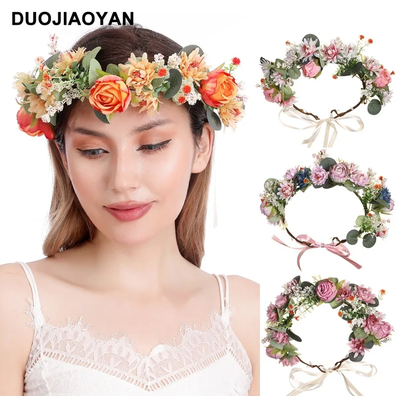 europe and america cross border new eucalyptus leaf artificial rose flower garland mori style zamioculcas leaves grass ring brid New Artificial Fabric Rose Flower Garland Mori Style Pastoral Style Eucalyptus Leaf Adjustable Flower Hair Accessories