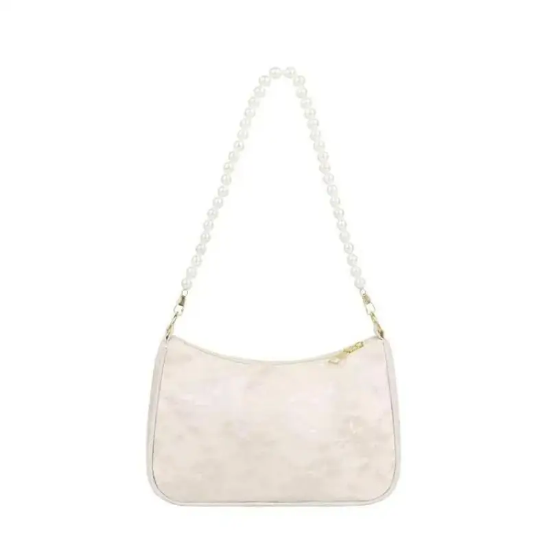 1Pcs Female Storage Travel Bag Shoulder Bags Vintage Women Bag Lace Flower Solid Color Pearl Chain Shoulder Underarm Handbag