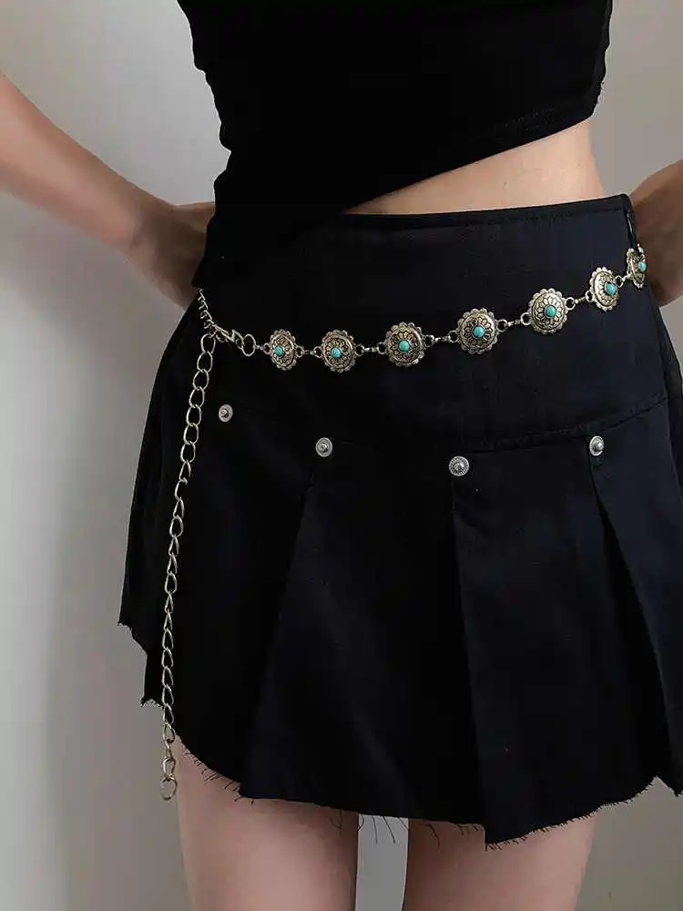 Retro ethnic style turquoise waist chain bohemian round lace decorated belt versatile carving inlaid accessories