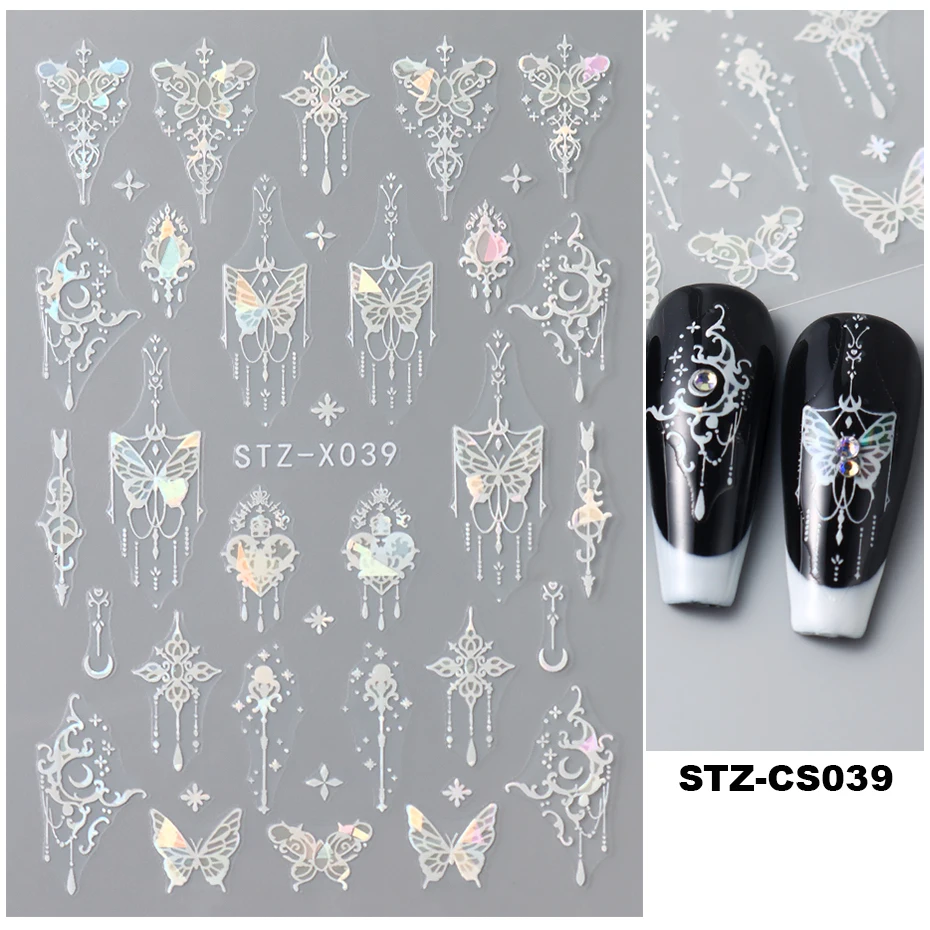 Nail Stickers 3D Holographic Black Butterfly Slider Laser Self-adhesive Decals Dark Castle Tassels Designs