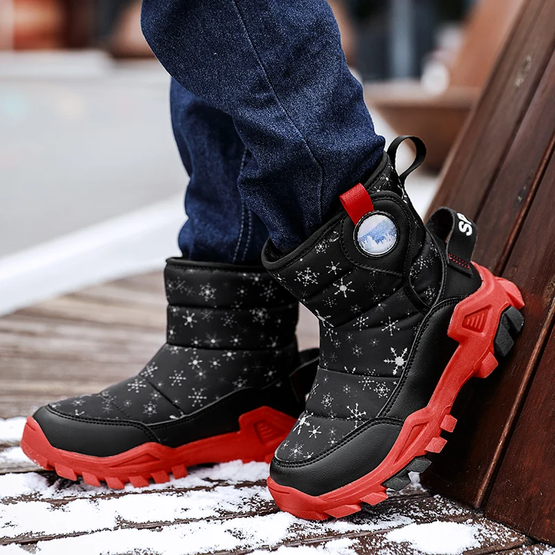 

Children Snow Boots Boys Cotton Shoes Kids Thick Warm Plush Fur Prints Classic Ankle Boots Leather Non-slip Cool 2023 Winter New