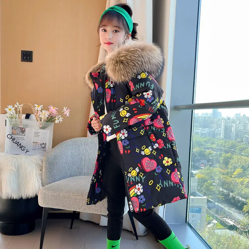 Winter Warm Jackets for Girls Two Colors Faux Fur Hooded Coat Kids