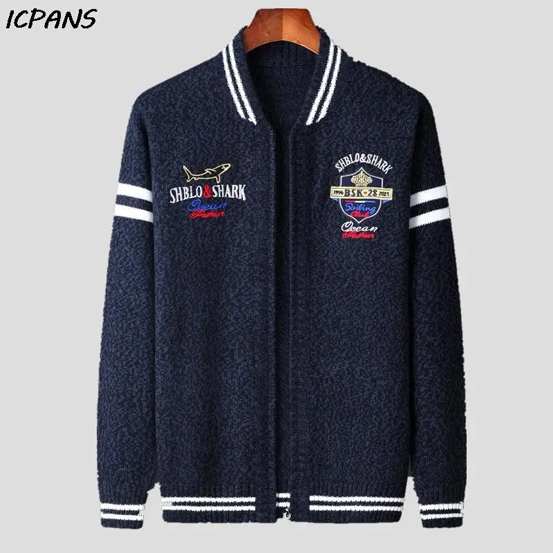 Shark Letter Vintage Zipper Male Sweater knitted Brand Clothing Striped Letter Mens Cardigan Autumn Coat Outwear Black Red