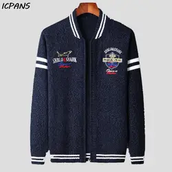 Shark Letter Vintage Zipper Male Sweater knitted Brand Clothing Striped Letter Mens Cardigan Autumn Coat Outwear Black Red