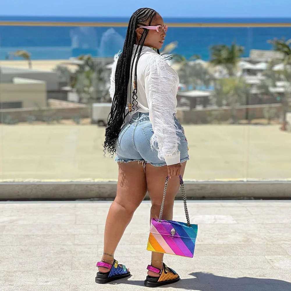 Summer Women Fashion Trend Fringe Buff Denim Shorts Color Diamond Jeans Middle Metropolis Casual Waist Straight Leg Shorts