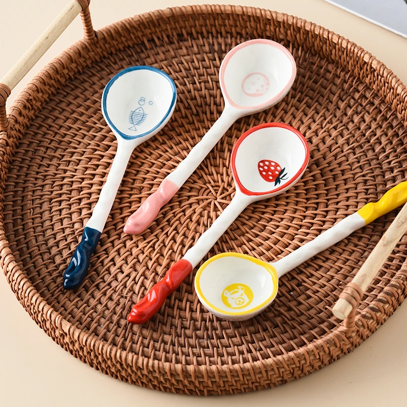 4pcs ceramic ice cream spoons extended handle dessert spoons for eating desserts and ice cream creatively designed spoons