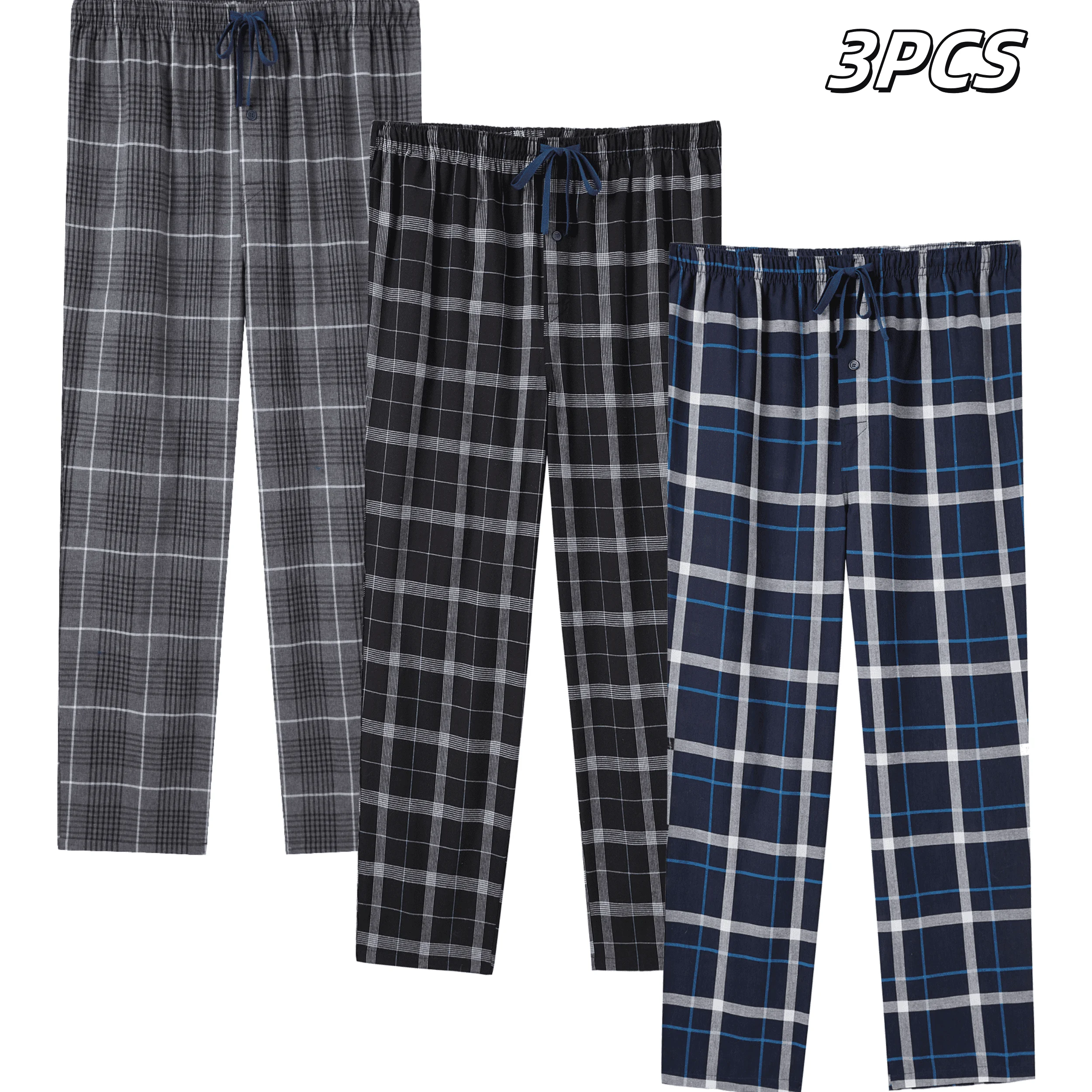 Lot De 3 Pantalons Pyjama Homme – Doux, Taille Élastique Avec Poches – Coton/Polyseter – Pour Nuit, Lounge, Maison