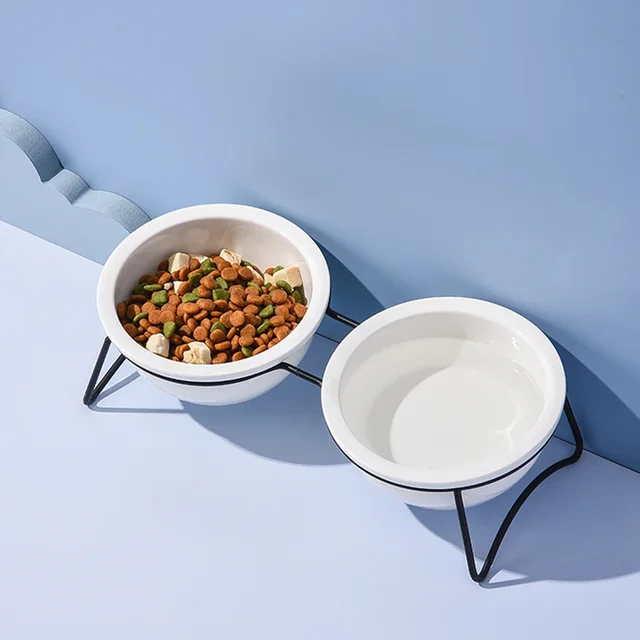 Cat Ceramic Double Food Water Bowls White Small Dog Drinking Eating Feeding Bowl with Stand Pet Neck Guard Feeders 3